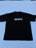 Black t shirt with white puff print letters spelling “UNLMTD”