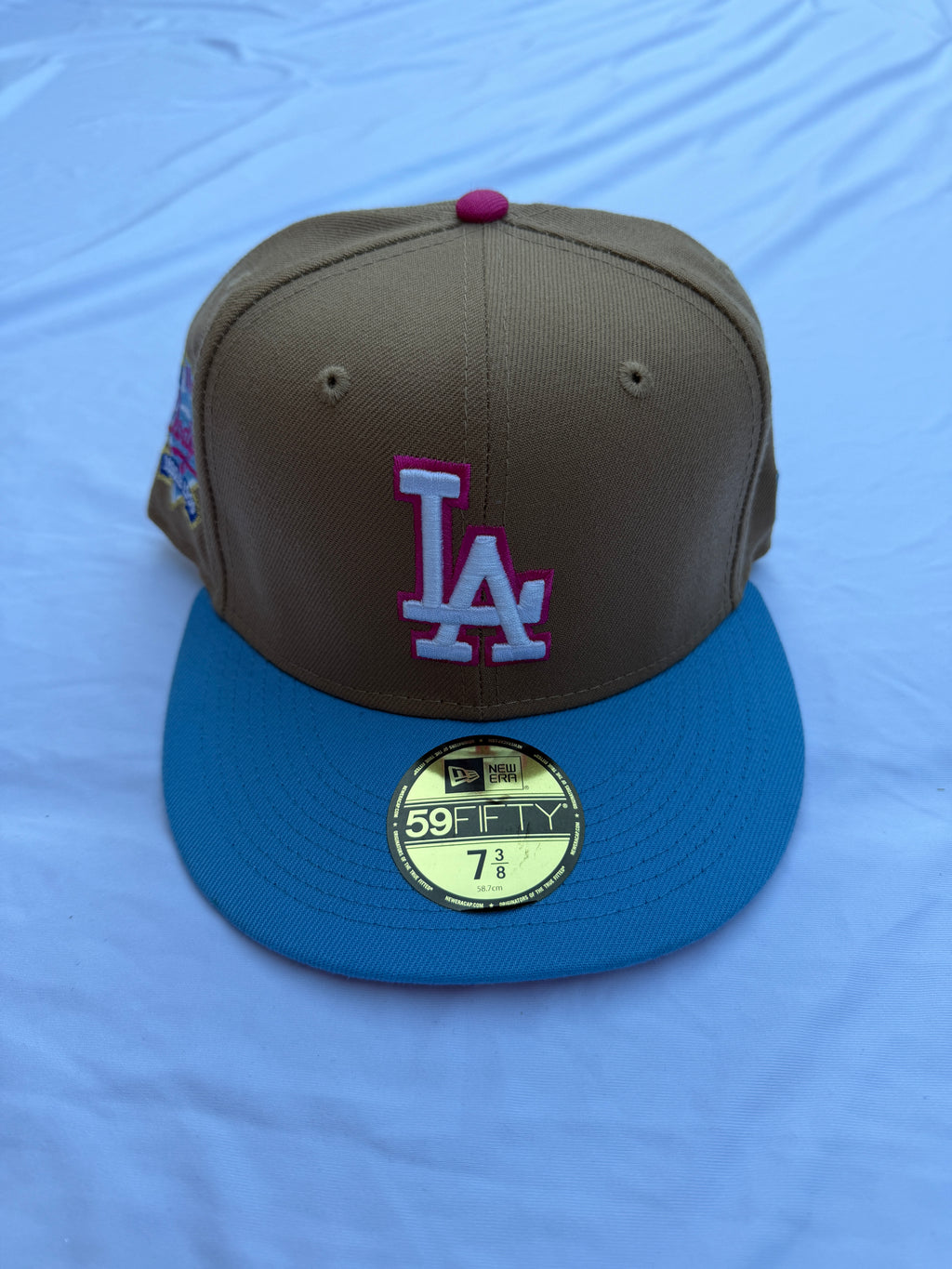 NEW New Era Los Angeles Dodgers 100th Anniversary 59FIFTY Two Tone fitted cat light brown with blue brim size 7 3/8
