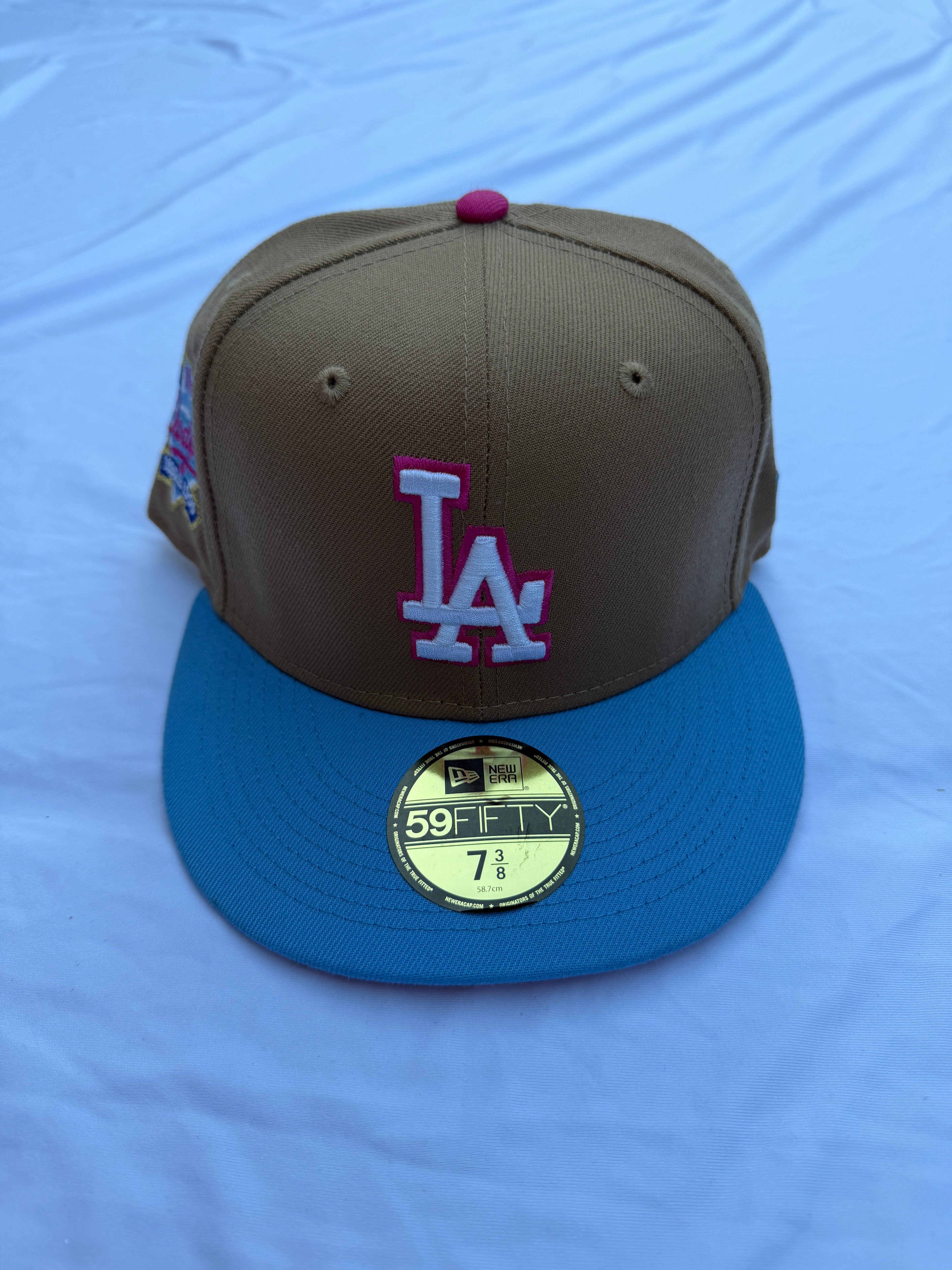 NEW New Era Los Angeles Dodgers 100th Anniversary 59FIFTY Two Tone fitted cat light brown with blue brim size 7 3/8