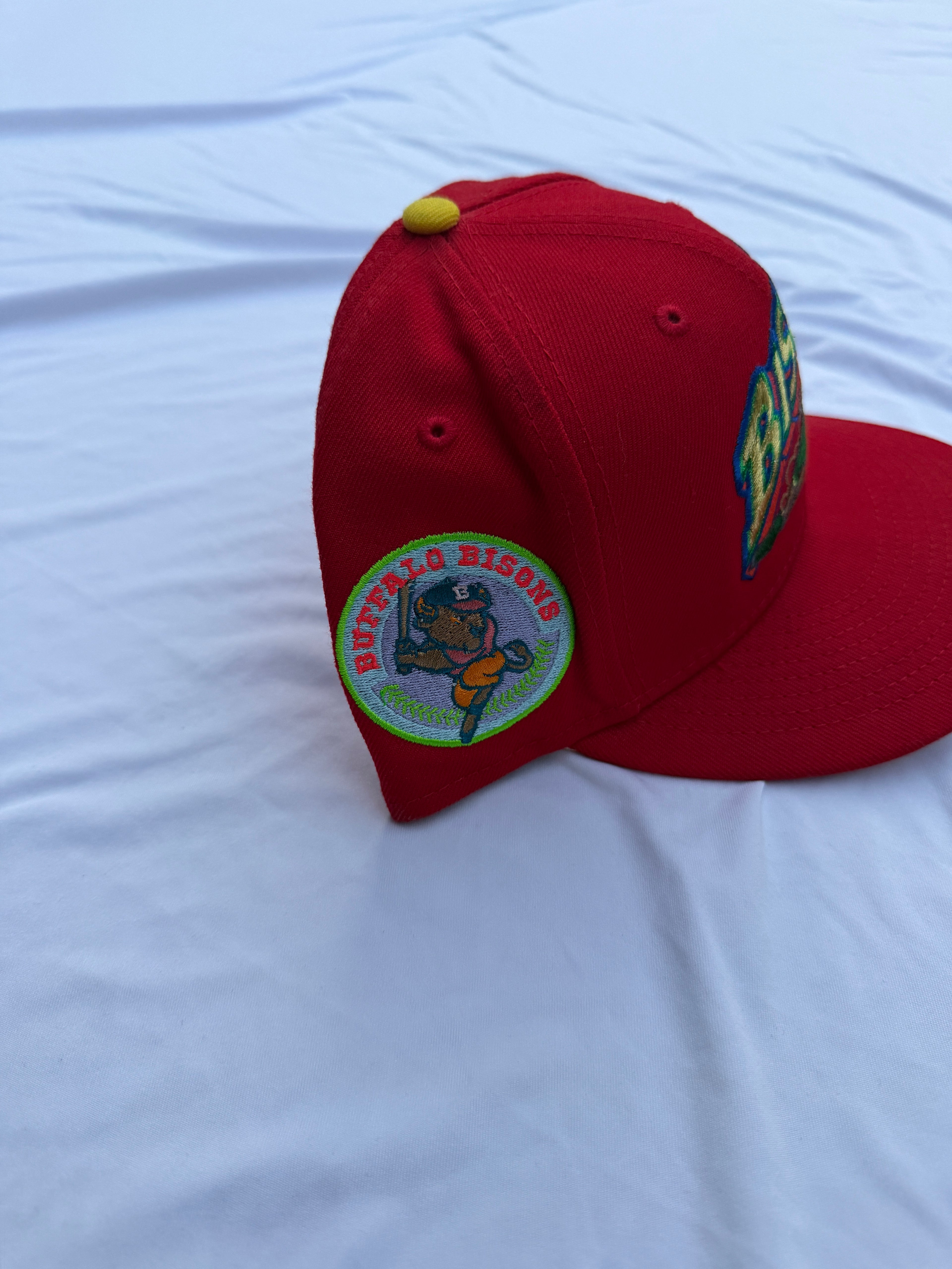 side view of Red buffalo bisons snapback hat with embroidered buffalo bison patch 