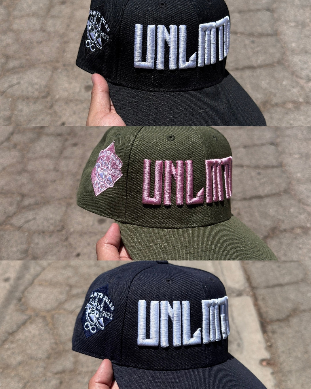 Hats of different variety: black with with letters, navy blue with white letters, olive green with pink letters 