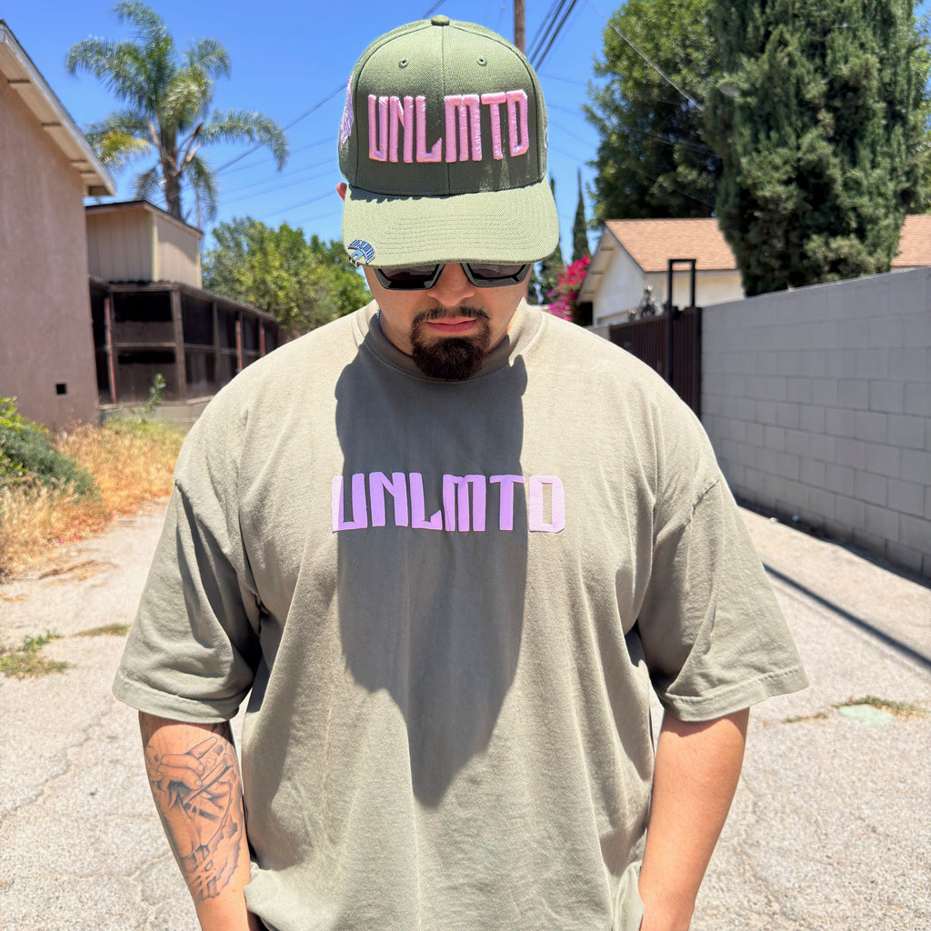 Male modeling Olive green shirt with matching hat 
