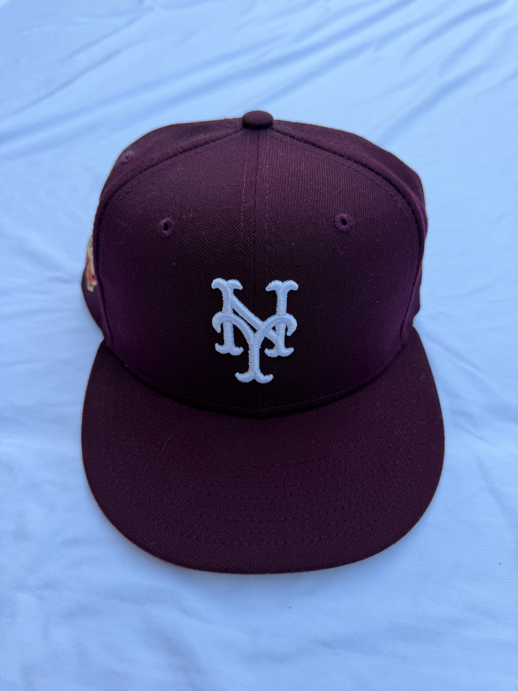 Preowned size 7 3/8 New Era 59Fifty New York Mets 50th Anniversary fitted hat dark burgandy 