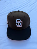 Preowned 7 3/8 size New Era San Diego Padres 50th Anniversary Two Tone Cord Brim Prime Edition 59Fifty Fitted brown with black brim SD logo 