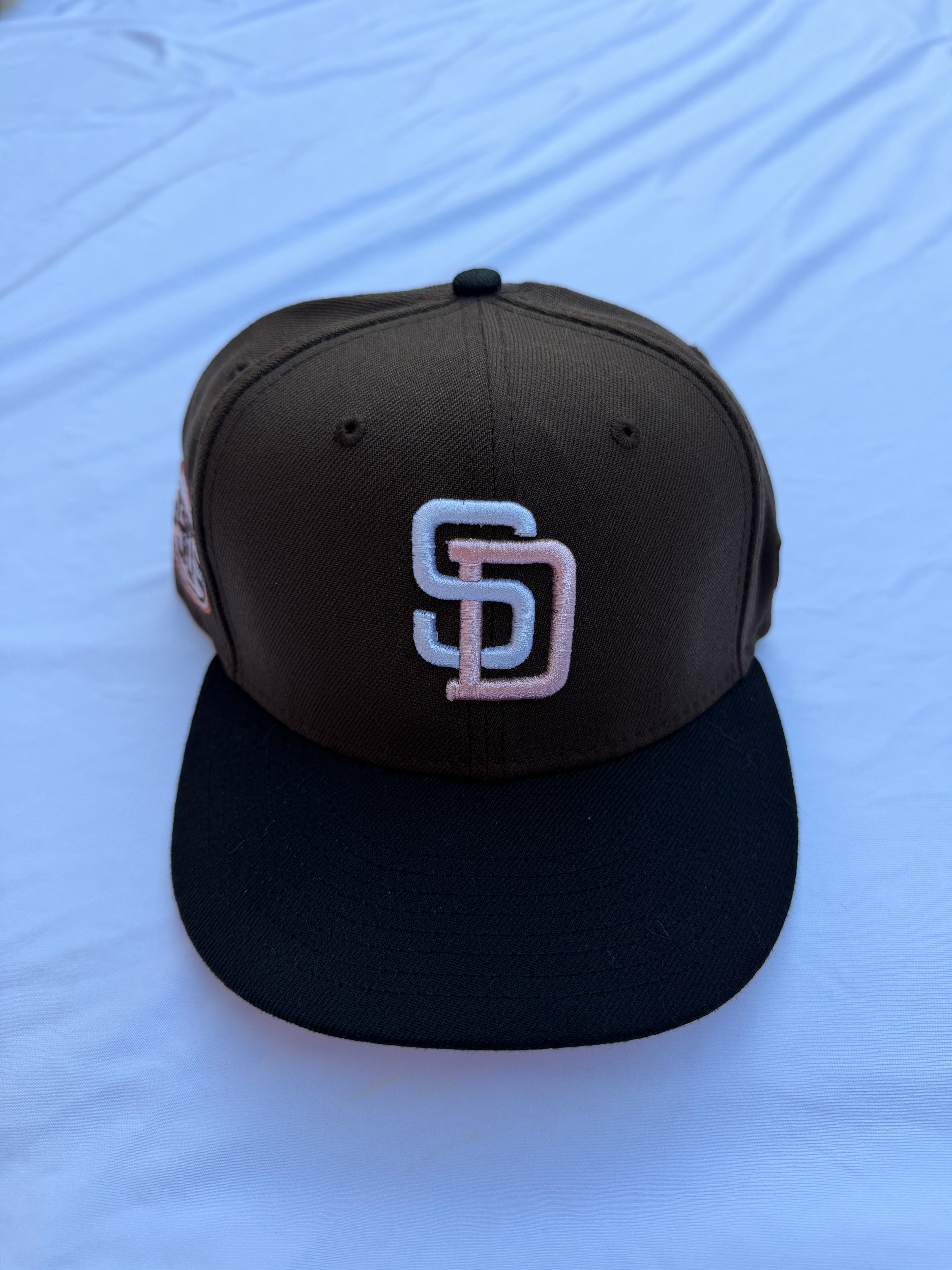 Preowned 7 3/8 size New Era San Diego Padres 50th Anniversary Two Tone Cord Brim Prime Edition 59Fifty Fitted brown with black brim SD logo 