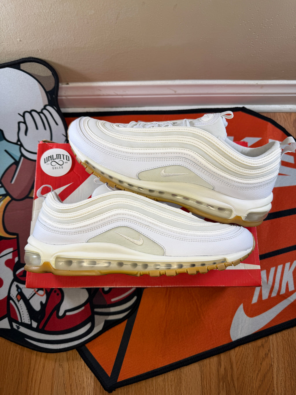 Preowned Nike Air Max 97 White Gum size 12 cream and white 