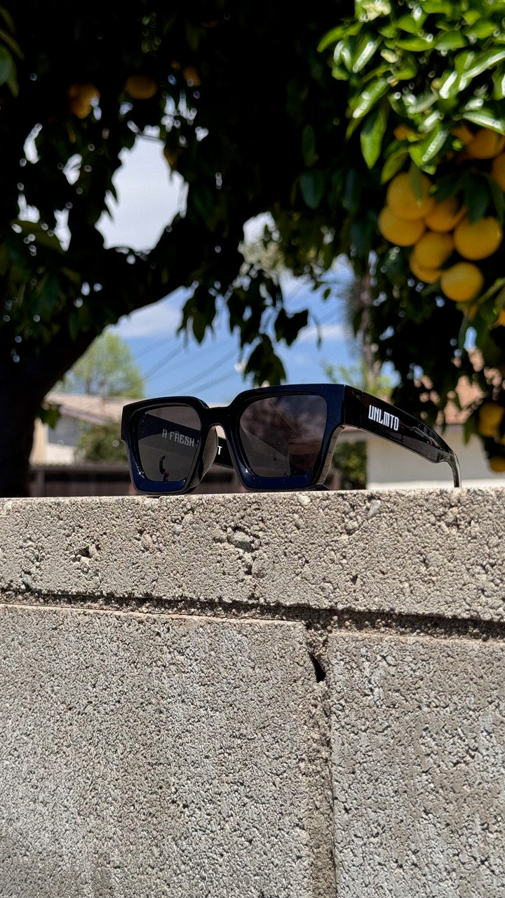 Black shades with white ULMTD letters on right temple