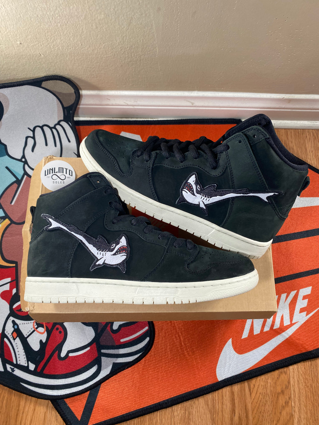 Nike SB Dunk High Oski Shark Black suede shoe pair with shark